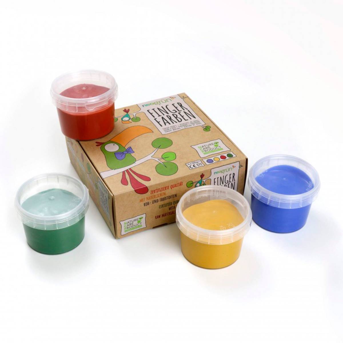 pintura-de-dedos-natural-bio-vegana-neogrun-amarillo-verde-rojo-y-azul. Una pintura de dedos vegetal y sin tóxicos
