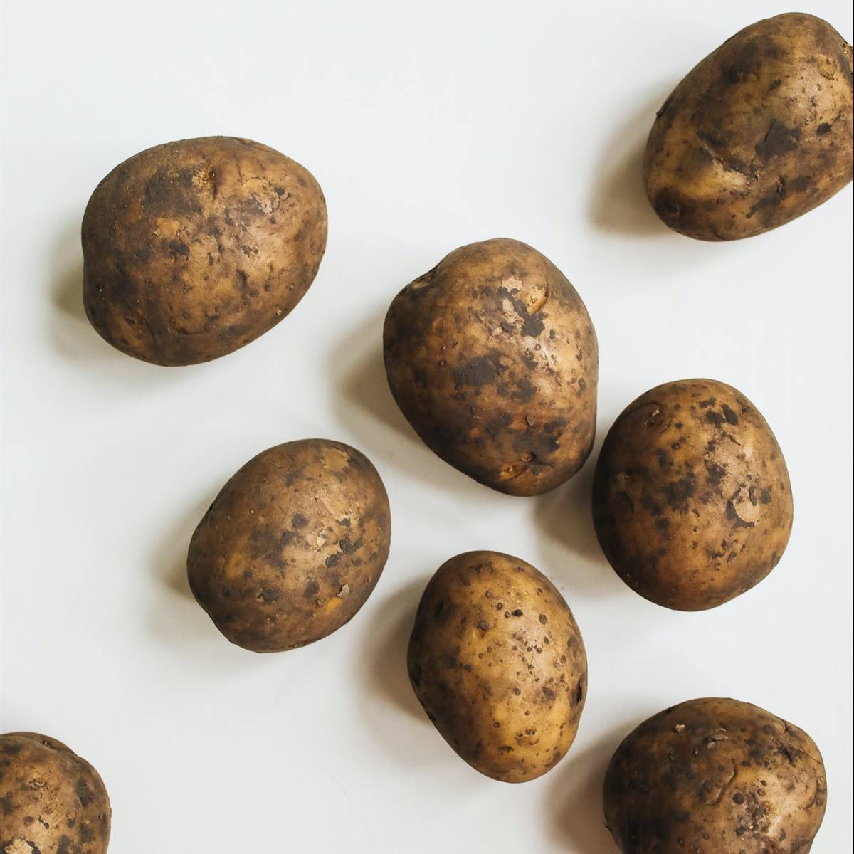 Patatas sin lavar sobre una superfície blanca