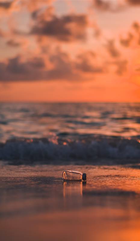 Botella de plastico en la orilla de una playa al atardecer