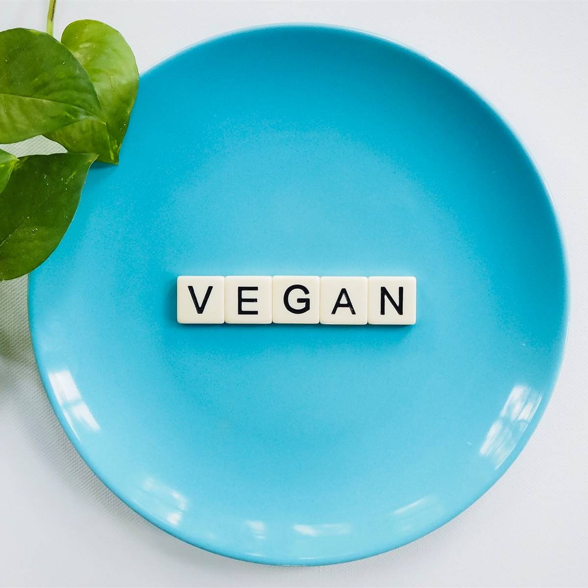 Plato azul con la palabra vegan escrita en piezas de scrabble