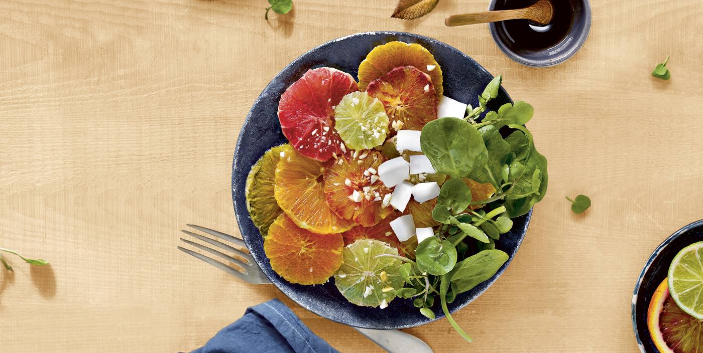 Carpaccio de cítricos con aliño de coco y tamari