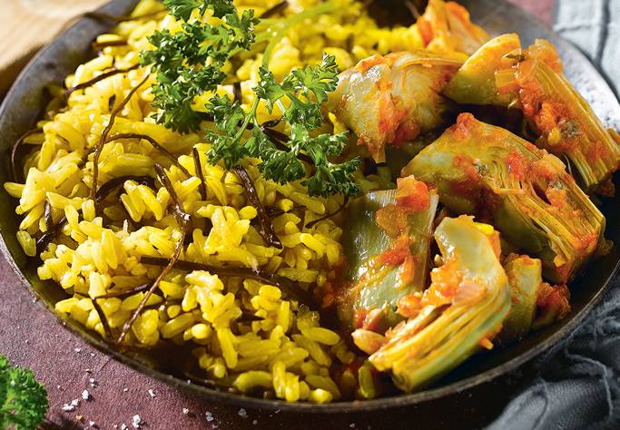 Arroz basmati con alcachofas y algas arame