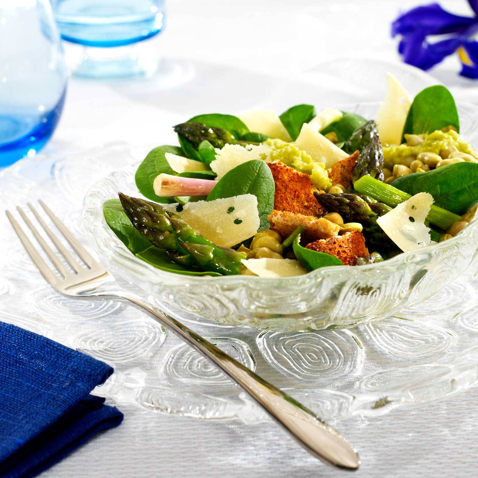 00173173 O. Ensalada tierna de espinacas y habitas con coulis de espárragos