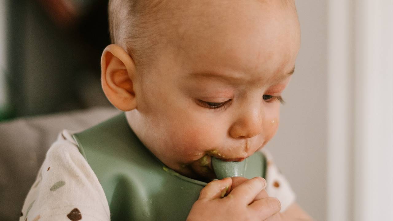 Bebé chupando la cuchara con la que está comiendo