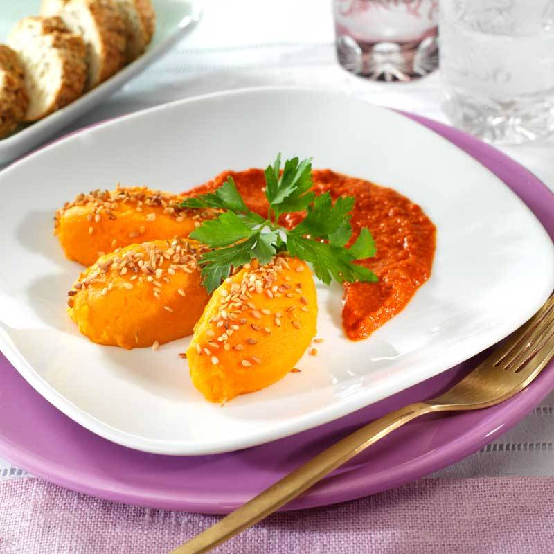 Quenelles de boniato al curry de almendra