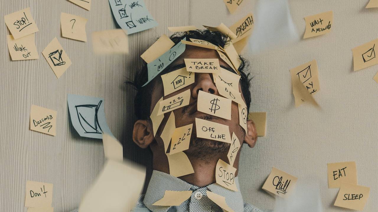 Hombre con post it por todo el cuerpo y palabras para desestresarse