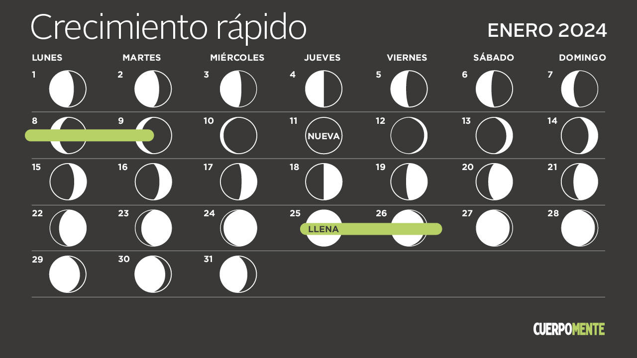 Calendario lunar enero 2024 (fases de la luna, corte de pelo y depilación)